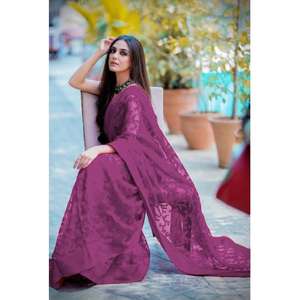 DISEÑADOR SUPER NET BORDADO TRABAJO SAREE CON BLUSA SIN COSTAR VIOLETA - Product Image 1