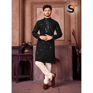 RICH LOOK SILK STICKEREI SEQUENZ ARBEITS MÄNNER KURTA PAJAMA SCHWARZ Shalwar Kameez - Product Image 1