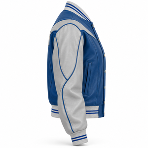 แจ็คเก็ตหนังแท้สีน้ำเงินกรมท่าสำหรับผู้หญิง แบบ Varsity  ตกแต่งด้วยเพชรที่ด้านหลัง  กระดุมแป๊กสองสี  เสื้อคลุมเบสบอล - Product Image 3