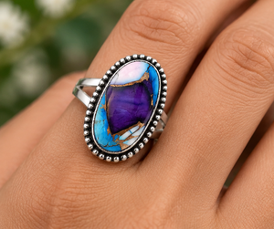 Anillo de Plata de Ley 925 con Mosaico Ovalado de Dalia de Cobre Púrpura y Moissanita, Estilo Minimalista, Venta al Por Mayor ODM - Product Image 6