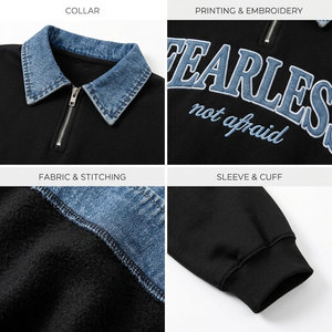 Sweat-shirt noir demi-zippé pour homme avec col rabattu en jean et appliqué lettres, pull décontracté - Product Image 6