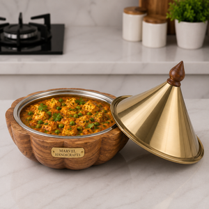 Casserole isolante en bois artisanale de luxe avec bol intérieur en acier inoxydable, couvercle conique haut de gamme, pot élégant pour servir les aliments - Product Image 3