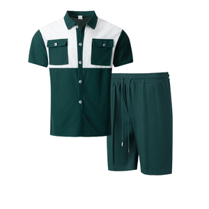Men Color <b>Blocked</b> Short Sleeve Shirt With Double Pockets And Matching Shorts Casual Summer Two Piece Set <b>Waffle</b> Knit Breathable - Product Image 2
