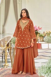 Designer Embroidery Work With Chain Sequence And Fancy Cut Work Natural Silk <b>Top</b> Sharara Bottom And Dupatta Ready To Wear Set - Product Image 1