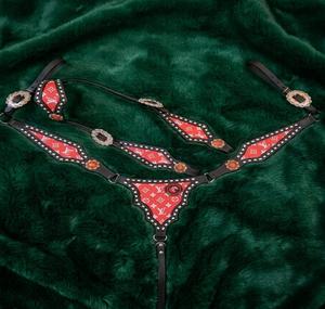 Horse breast collar western <b>leather</b> tack chest <b>harness</b> turquoise concho bead stud adjustable straps riding halter set - Product Image 6