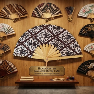 Éventail pliant artisanal indonésien en tissu batik brun à motif treillis, avec nervures en bambou naturel, cadeau culturel traditionnel, accessoire artisanal - Product Image 6