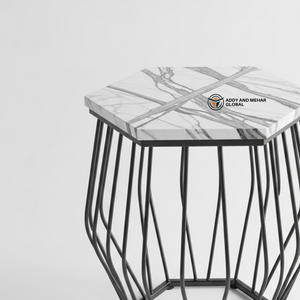 Mesa de Centro de Lujo de MDF Blanco y Madera Maciza, Forma Hexagonal, Taburete de Metal con Recubrimiento de Polvo Negro, Minimalista, para Dormitorio o Entrada - Product Image 3