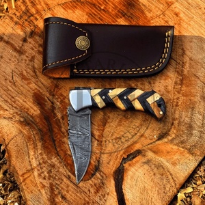 Premium Damascus Folding Knife Wood Handle <b>Drop</b> Point Blade EDC Pocket Hunting Leather Case Gift 3-Year Warranty TARJ ENTERPRISE - Product Image 2