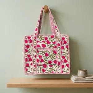 Sac fourre-tout en toile brodé de fleurs, design à panneaux, fermeture éclair, sac de shopping isotherme, utilisation toutes saisons - Product Image 4