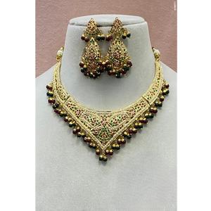 Ensemble collier et boucles d'oreilles en laiton plaqué or véritable Kundan pour femmes, tendance, pour mariage et fêtes - Product Image 1