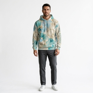 Sudadera con Capucha Azul Crema para Hombre con Estampado Abstracto de Acuarela, Bolsillo Tipo Canguro, Sudadera Personalizada de Estilo Urbano - Product Image 1