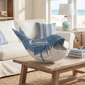 Handmade Eco-Friendly Whale Rattan <b>Basket</b> Blue & White Woven <b>Storage</b> Bowl Multifunctional Animal Toy for Nursery Home Decor - Product Image 3