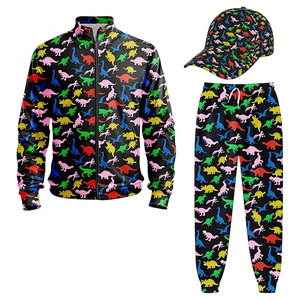 <b>Men</b>’s Retro Neon Dinosaur Graphic Tracksuit Set – Premium Three-Piece All-Over Print Collection Featuring Full-Zip Track <b>Jacket</b>, - Product Image 1