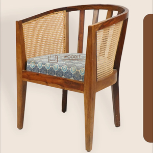 Mid-Century Modern Classic Solid Wooden Frame Rattan Cane Back Soft Fabric Cushion Dining Living Room Barrel Chair With Armrests - Product Image 2