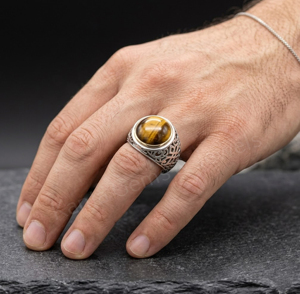 Anillo de Plata de Ley 925 para Hombre con Piedra de Ojo de Tigre Natural Redonda de 12 mm, Engaste de Bisel, Estilo Clásico para Uso Diario - Product Image 4