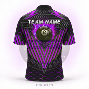 Polo à fermeture éclair personnalisé pour homme, noir et violet, 8 Ball Billiards, maillot de sport, tissu 100% polyester, sublimation, maillot de billard - Product Image 4