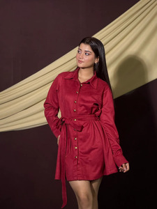 Women's Red Button Down Shirt <b>Dress</b> <b>Belt</b> Wrap Casual Full Sleeve Solid Color Woven Poplin Fabric Regular Fit Short Length Party - Product Image 2