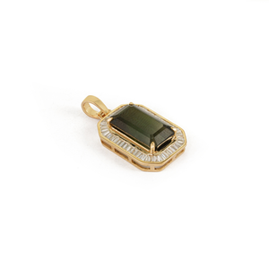 Elegant New Style 13x7mm Baguette Cut Green Tourmaline & Diamond Halo <b>Pendant</b> Customized <b>Solid</b> K14 Yellow <b>Gold</b> Jewelry Supplier - Product Image 3