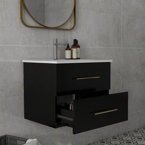 24-Inch Wall Mounted <b>Bathroom</b> <b>Vanity</b> with Double Drawers Easy-to-Assemble Ceramic Basin & Long Handle Gold Metal Sink Combo - Product Image 5