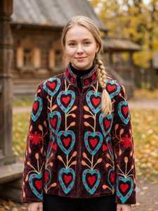 Veste en velours Suzani classique brodée à la main avec un motif cœur, veste bomber réversible bohème, manteau court d'hiver bohème, cadeau ethnique pour elle - Product Image 1