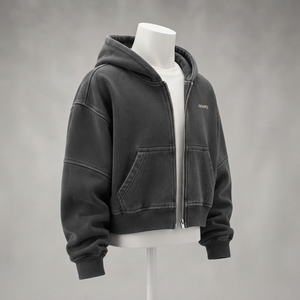 Sweat à capuche gris anthracite personnalisé, coupe oversize courte, avec coutures à panneaux, style streetwear - Product Image 5