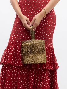 Gold Beaded <b>Top</b> Handle Handbag <b>Fringe</b> Design Women Fashion Carry Bag Structured Tote Style Evening Party Purse Accessory - Product Image 4