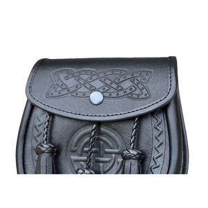 Premium Genuine Leather Celtic Sporran with Embossed Knotwork Design, Three Braided Tassels and <b>Snap</b> Closure for Scottish - Product Image 3
