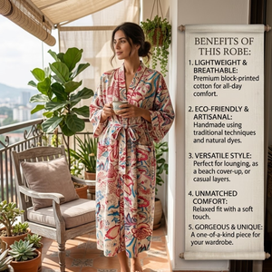 Bata Kimono de Algodón Estampada a Mano con Diseño Floral Crema, Bata Larga para Descansar con Cinturón Ajustable, Estilo Boho para Resort o Playa - Product Image 5