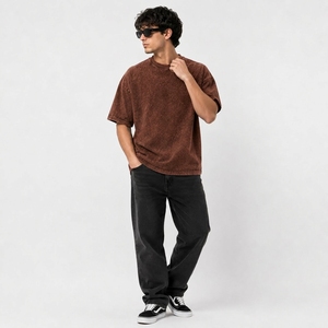 Camiseta de algodón de cuello redondo, de gramaje alto, oversize, vintage, con lavado a la piedra, efecto desgastado, corte holgado, hombros caídos, manga corta y lavado ácido, estilo casual. - Product Image 1