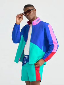 Ensemble de survêtement color block pour homme, manches longues, col montant, fermeture éclair, respirant, en polyester, style streetwear, tenue décontractée d'été - Product Image 1