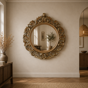 Antique Luxury Handmade Art Deco Carved Wooden Wall Mirror with Gold Beveled Edge Frame Round Decor for Home or Hotel - Product Image 3