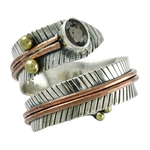Bague réglable en quartz fumé à triple tons en argent sterling 925, bijoux fins faits à la main, vente en gros, anniversaire de mariage unisexe - Product Image 1