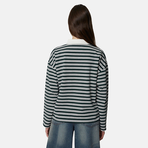 Polo à manches longues rayé pour femme, tricoté, décontracté, motif vert et blanc, longueur normale, manches complètes - Product Image 2