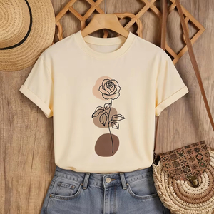 Camiseta de Cuello Redondo para Mujer, Diseño Minimalista con Estampado Floral en Tonos Beige, Marrón y Rosa, Ecológica, Transpirable, 100% Algodón, Estilo Casual - Product Image 5