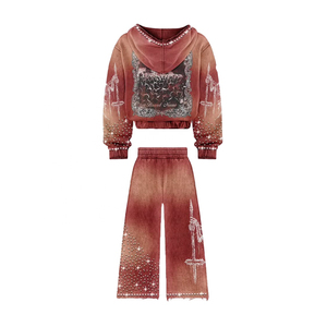 Ensemble de survêtement en molleton de coton épais avec strass de qualité supérieure, coupe oversize, unisexe, style streetwear de luxe - Product Image 3