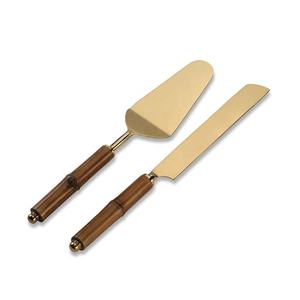 Cuchillo y servidor de pastel con mango redondo de bambú de madera, juego de servir de acero inoxidable, increíble nuevo diseño, hoja chapada en oro, Color personalizado - Product Image 1