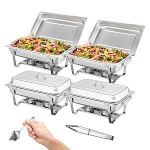 Set Scaldavivande Rettangolare in Acciaio Inossidabile da 8 Qt, 4 Pezzi, con Coperchio Impermeabile, per Buffet e Catering - Product Image 1