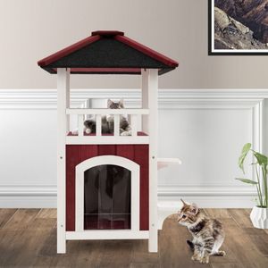 Casa del gatto in legno a 2 piani con tenda a pioggia e tetto in asfalto balcone mobili per animali domestici - Product Image 1