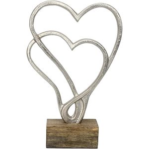 Sculpture moderne de double cœur, figurine artisanale en aluminium argenté sur base en bois de mangue, statue élégante de cœurs entrelacés - Product Image 4