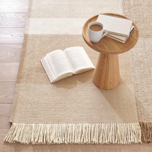 Scandinavian Plaid Wool Cotton Jute Rug Rectangle Reversible Flat Weave Jute Backing Living Room Beige Cream Brown Fringe - Product Image 5
