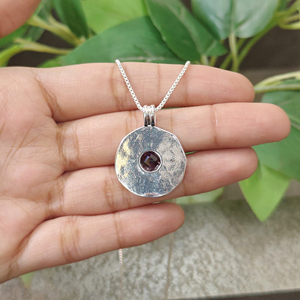 Classic Round Amethyst Quartz Pendant Necklace with Hammered Texture Silver Plated <b>Box</b> Chain Unisex Everyday Jewelry Necklace - Product Image 6