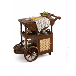 Handmade Solid Teak Wood <b>Serving</b> <b>Trolley</b> Cart With Rattan Door Vintage Kitchen Bar Cart Storage Furniture for Cafe Restaurant - Product Image 2