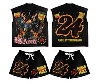 Conjunto de Camiseta sin Mangas y Pantalones Cortos Negros para Hombre, Estampado de Águila en Serigrafía, Estilo Urbano, Ropa de Verano