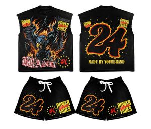 Men's Black Sleeveless T-<b>Shirt</b> And Shorts Set With Eagle <b>Flame</b> Print Power Never Fades Street Style Summer Wear - Product Image 2