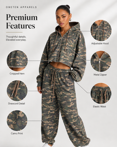Ensemble jogging et sweat à capuche court unisexe surdimensionné, imprimé camouflage animal, respirant et léger, avec fermeture éclair, personnalisable avec logo, fournisseur OEM - Product Image 3