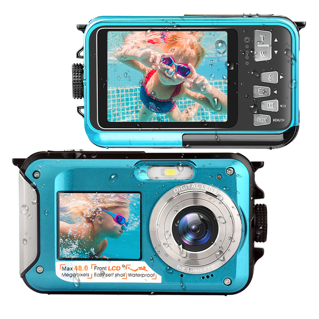 HD 2.7K 48MP Waterproof Underwater Digital Camera 2.7 Inch and 1.8-Inch Dual Screen Portable Fool Snorkeling Camera for Swimming