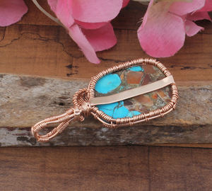 Pendentif en turquoise cuivre bleu naturel enroulé de fil, argent 925, vente en gros, matrice vintage plaqué platine, fait à la main, cadeau unisexe - Product Image 4