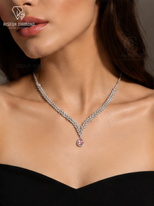 Elegant V shaped diamond <b>necklace</b> premium 18K white gold marquise round lab grown diamonds pear shaped pink pendant timeless lux - Product Image 6