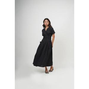 Robe longue trapèze noire élégante et personnalisable de qualité supérieure, col en V, manches courtes, ceinture, poches, taille naturelle, antistatique - Product Image 5