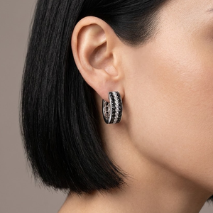 Striking 18K Solid White Gold Black and White Diamond Hoop <b>Earrings</b> 3-Row Pavé Hinged Huggies <b>Fine</b> Jewelry Wholesale - Product Image 3
